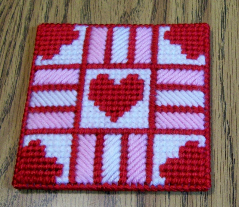 Plastic Canvas Drink Coasters Pattern, Valentine Hearts, Handmade, Placemat, Wine, Bridal Shower, Housewarming Gift, Gift for Her, image 1