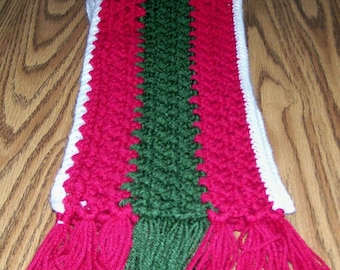 Red, Green & White Acrylic with Fringe, Handmade, Crochet, Hockey Scarf