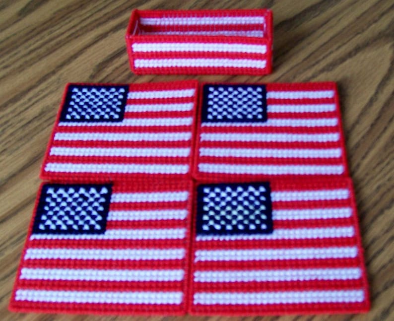 Plastic Canvas USA Flag Drink Coasters with Holder Patriotic Etsy