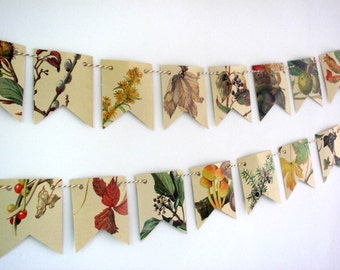 Autumn, Winter Garland: Upcycled Book, Seeds. Fruits, Leaves Bunting
