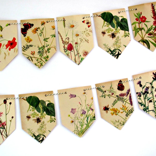 Summer garland,  Floral bunting, Summer flowers, Tea party garland, Botanical art, Wedding banner Wall decor, Upcycled gift, Eco friendly