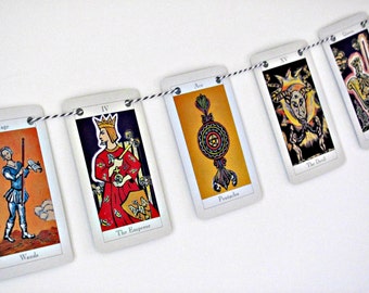 Tarot card bunting,  Mystical garland,  Upcycled occult banner, Metaphysical bunting,  Eco-friendly room decor,  Bookshelf  trim