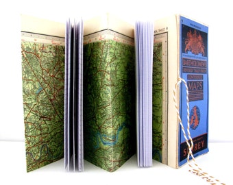 London map notebook.  Travel journal. Map lover gift.  Eco-friendly gap year gift. Hikers journal. Outdoor enthusiast gift.  Map of Surrey