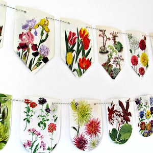 Flowers bunting, Floral banner, Garden plants decor, Eco-friendly bunting, Gardening gift, Tea party flags, Spring birthday wall decor gift