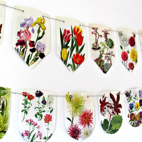 Flowers bunting, Floral banner, Garden plants decor, Eco-friendly bunting, Gardening gift, Tea party flags, Spring birthday wall decor gift