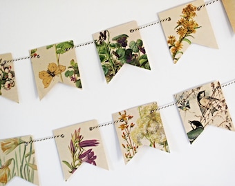 Spring, summer garland, Floral countryside paper bunting,  Edwardian Lady tea party flags, Party wall decor.  Eco friendly home gift