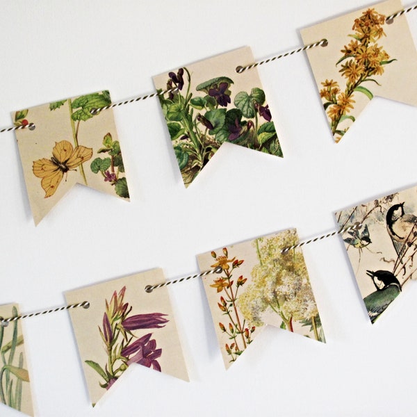 Spring, summer garland, Floral countryside paper bunting,  Edwardian Lady tea party flags, Party wall decor.  Eco friendly home gift