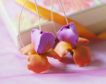 Polymer Clay Iris Flower Earrings: 930 Silver Wire Dangle Jewelry