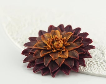 Hand Sculpted Polymer Clay Dahlia Brooch: Maroon & Gold Floral Jewelry