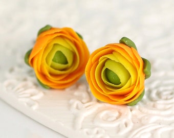 Polymer Clay Orange Ranunculus Earrings: Sterling Silver Studs