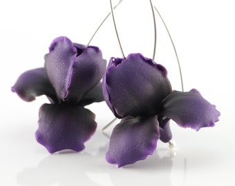 Handmade Dark Purple Iris Flower Dangle Earrings: Gothic Silver Jewelry