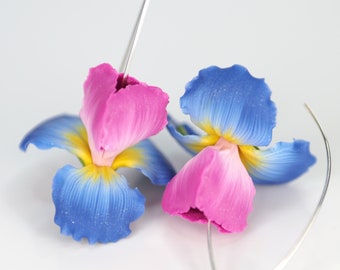 Hand Sculpted Iris Flower Dangle Earrings: February Birth Flower, 930 Silver
