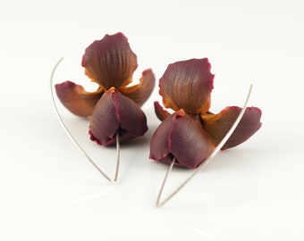 Hand-Sculpted Iris Flower Earrings: Maroon, Gold, and Silver