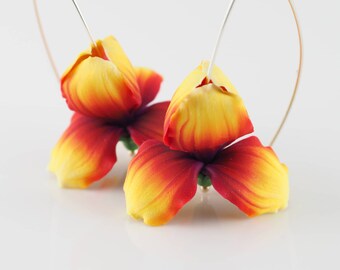 Hand-Sculpted Iris Flower Dangle Earrings: Polymer Clay, 930 Silver