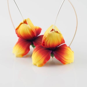 Yellow and red iris flower dangle earrings, colorful floral jewelry, Birthday gift for girlfriend, Botanical jewellery for garden lovers