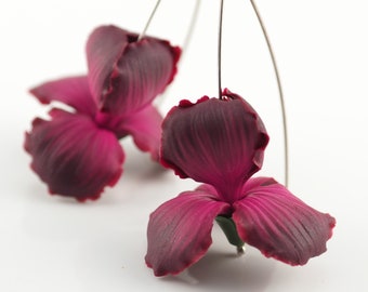 Burgundy Iris Flower Earrings: Hand-Sculpted Polymer Clay, 930 Silver