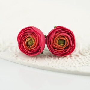Red ranunculus flower stud earrings, red floral jewelry, little post, birthday gift for her