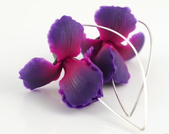 Violet Iris Flower Dangle Earrings: Hand Sculpted Polymer Clay, 930 Silver