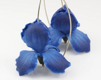 Dark Blue Iris Flower Earrings: Polymer Clay Floral Jewelry