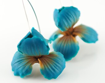 Turquoise Iris Flower Dangle Earrings: Polymer Clay Floral Jewelry