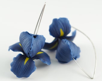 Blue iris flower earrings, birthday gift for girlfriend, blue dangle earrings, polymer clay floral jewelry