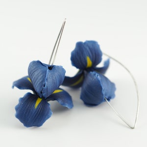 Blue iris flower earrings, birthday gift for girlfriend, blue dangle earrings, polymer clay floral jewelry