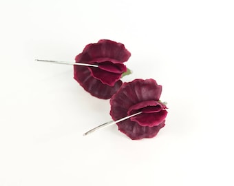 Burgundy Sweet Pea Flower Earrings: Polymer Clay, 930 Silver