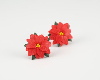 Red poinsettia stud earrings, Christmas accessories for garden lovers, polymer clay post earrings