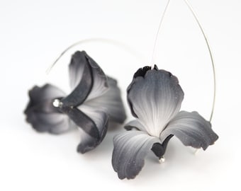 Black Iris Flower Earrings: Gothic Polymer Clay Dangle Jewelry