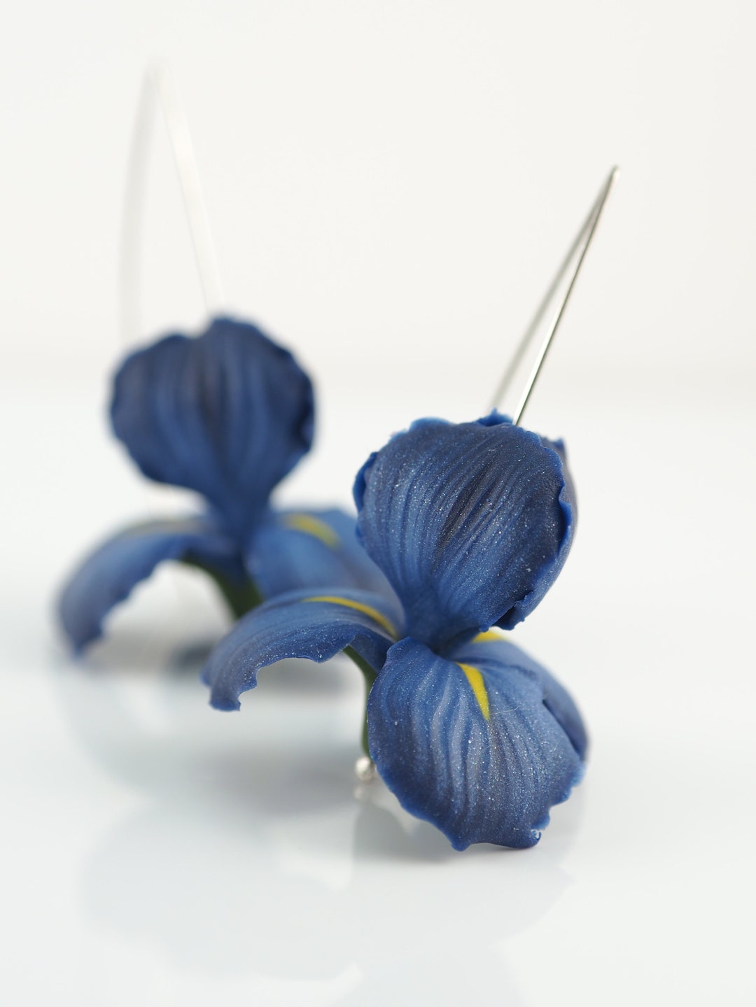 Dark Blue Iris Flower Earrings, Birthday Gift for Wife, Floral Dangle