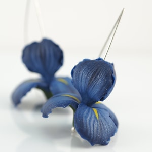 Dark blue iris flower earrings, birthday gift for wife, floral dangle earrings, polymer clay blue jewelry image 1