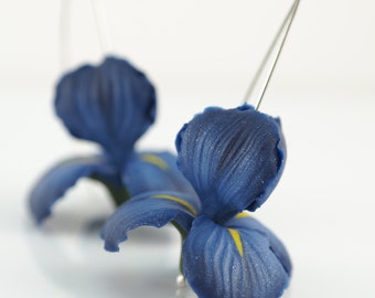 Dark blue iris flower earrings, birthday gift for wife, floral dangle earrings, polymer clay blue jewelry