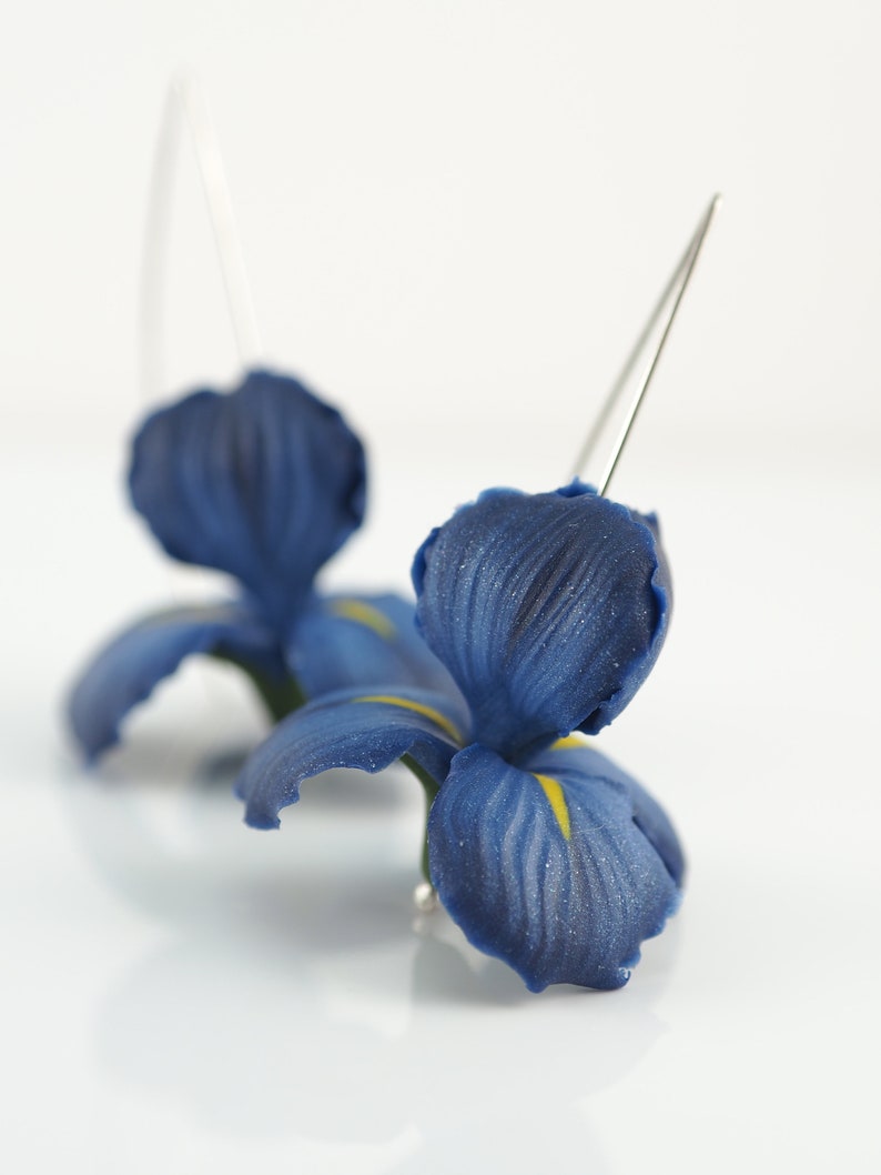 Dark blue iris flower earrings, birthday gift for wife, floral dangle earrings, polymer clay blue jewelry image 1