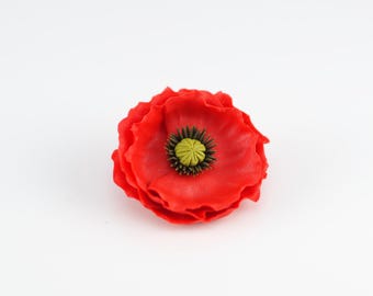 Polymer Clay Red Poppy Brooch: Floral Jewelry Pin