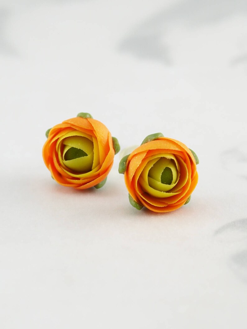 Orange flower earrings for everyday wear, Small stud botanical earrings for women, Birthday gift for nature lover, Plant jewelry for mom image 9