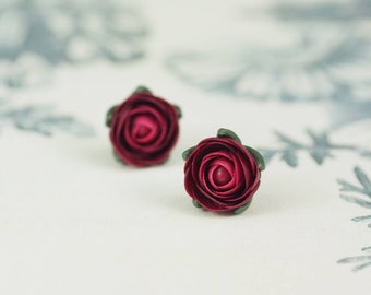 Burgundy Ranunculus Stud Earrings: Polymer Clay Floral Jewelry