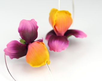 Polymer Clay Iris Flower Earrings: Colorful Art Jewelry