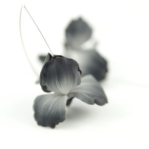 Black and gray spooky iris flower earrings, Black dangle floral gothic jewelry, Unusual statement jewellery image 3