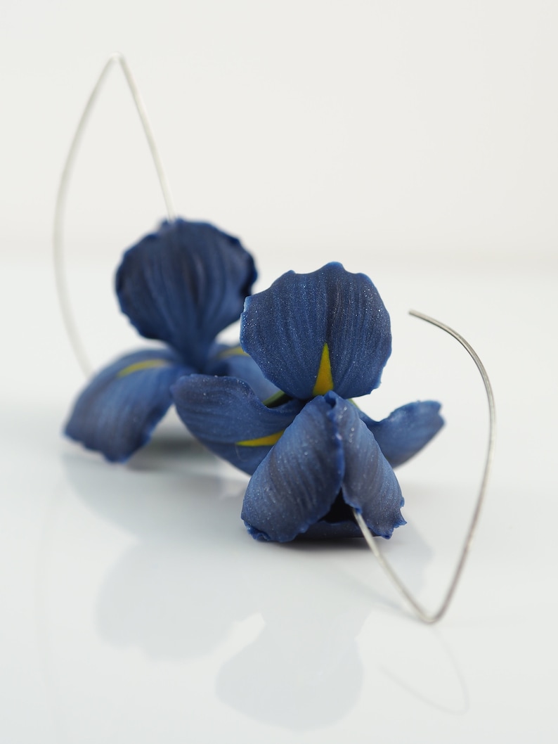 Dark blue iris flower earrings, birthday gift for wife, floral dangle earrings, polymer clay blue jewelry image 4