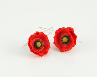 Handmade Polymer Clay Poppy Earrings: Floral Silver Dangle Jewelry