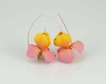 Polymer Clay Iris Flower Earrings: 930 Silver, Lightweight Dangle Art Jewelry