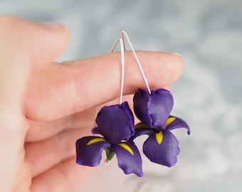 Purple iris flower dangle earrings, birthday gift for girlfriend, anniversary gift for her, polymer clay botanical floral jewelry