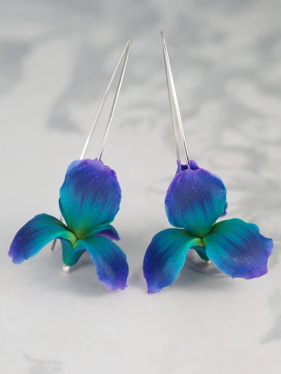 Turquoise and blue iris flower earrings peacock colors Etsy