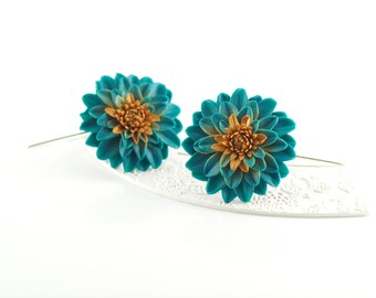 Turquoise Dahlia Flower Earrings: Polymer Clay Floral Jewelry