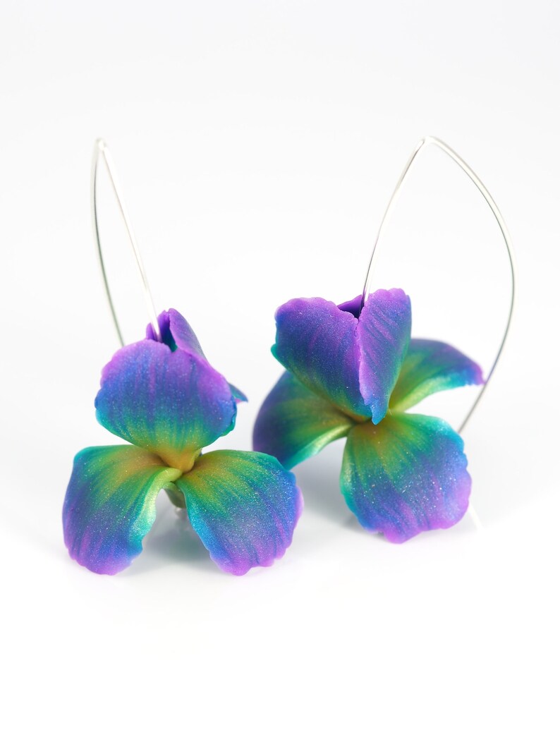 Colorful iris flower dangle earrings for woman peacock colors Etsy