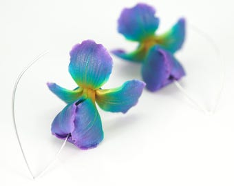 Iris Flower Dangle Earrings: Peacock Colors, 930 Silver