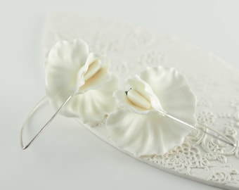 Handmade Sweet Pea Flower Earrings: 930 Silver, Polymer Clay