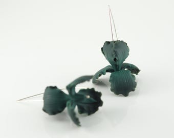 Dark Green Polymer Clay Iris Flower Earrings: Lightweight Dangle Art Jewelry
