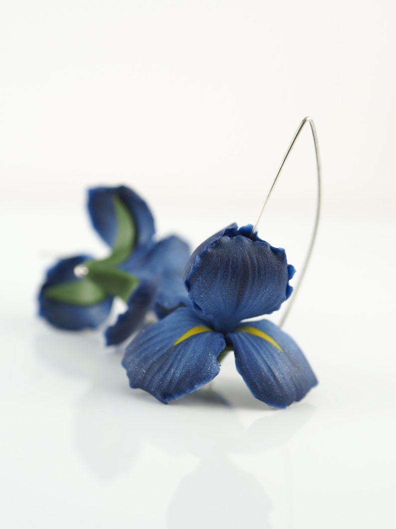 Dark blue iris flower earrings, birthday gift for wife, floral dangle earrings, polymer clay blue jewelry image 6