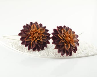 Burgundy Dahlia Flower Dangle Earrings: Polymer Clay Floral Jewelry